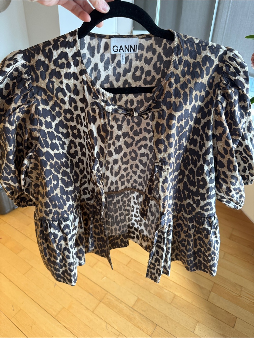 Ganni Leopard-Print Puff Sleeve Top - Brown and Black
